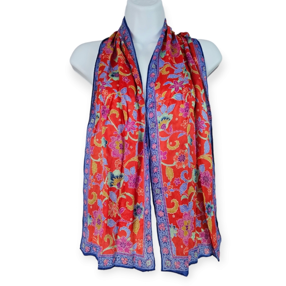 Anne Kline Womens red blue orange purple & pink floral paisley silk scarf
